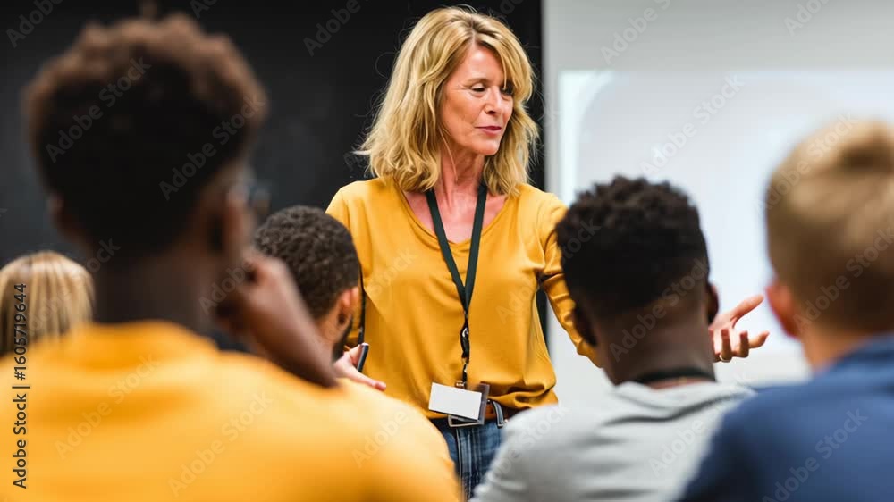 Poster engaging teacher delivers lecture to attentive students in classroom setting