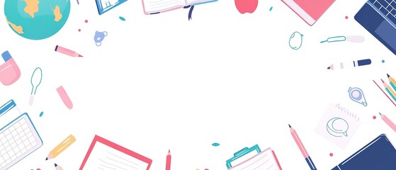 Flat design illustration of school supplies on a white background, in a vector graphic style. Flat color illustrations, high resolution, professional quality. A white border with colorful pencils