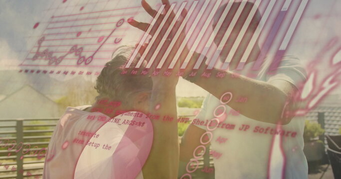 High-fiving senior woman and mature man sharing rooftop metal railing, with analytics music overlay