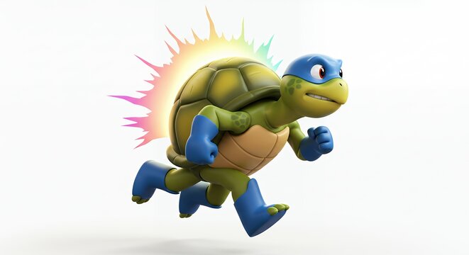 Cartoon turtle running with rainbow power