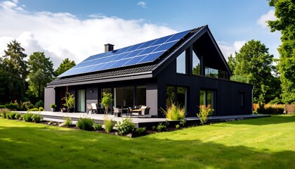 Obraz premium Contemporary black home with solar panels merges design with ecological responsibility