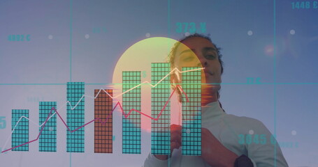 Standing female athlete adjusting jacket collar at sunrise, with smartwatch and chart overlay