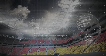 World map overlay floating inside sports stadium with metal roof, showing seating, fog and code