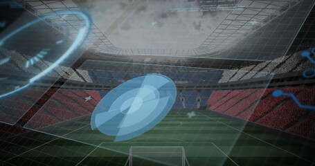 Displaying circular holographic radar hovering above soccer pitch at arena, with 3D grid, goalposts