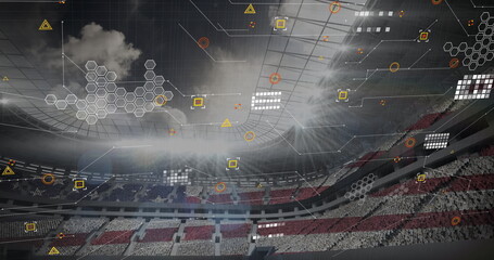 Showing stadium featuring digital grid overlays and data nodes across seating tiers and floodlights