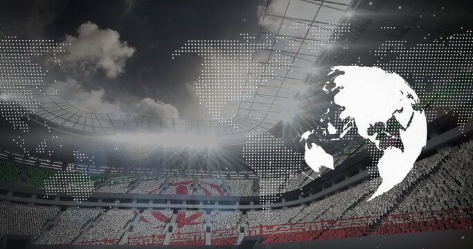 Stadium crowd forming colorful card mosaic in open-roof stadium, with globe graphic and map overlay - Powered by Adobe