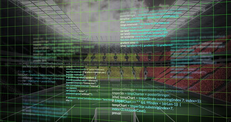 Overlaying central green wireframe grid and code snippets over goalposts in stadium, simulation