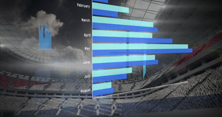Transparent bar chart overlay showing data in sports arena, with stadium seating and cloud graphic