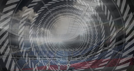 Showcasing stadium interior featuring steel arches roof panels, seats, lights and chevron overlay