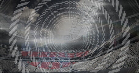 Showcasing arena interior under curved glass roof with swirling arrows overlay, with tiered seating