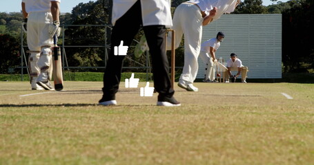 Delivering bowler in whites releasing cricket ball at cricket ground, with sight screen, copy space
