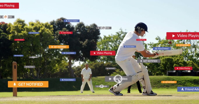 Swinging batsman in white gear hitting ball on cricket pitch, with digital overlays, copy space - Powered by Adobe