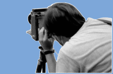 close up rear view photographer taking pictute with large format camera pixelate black and white color halftone dotted texture style collage element isolated on blue background