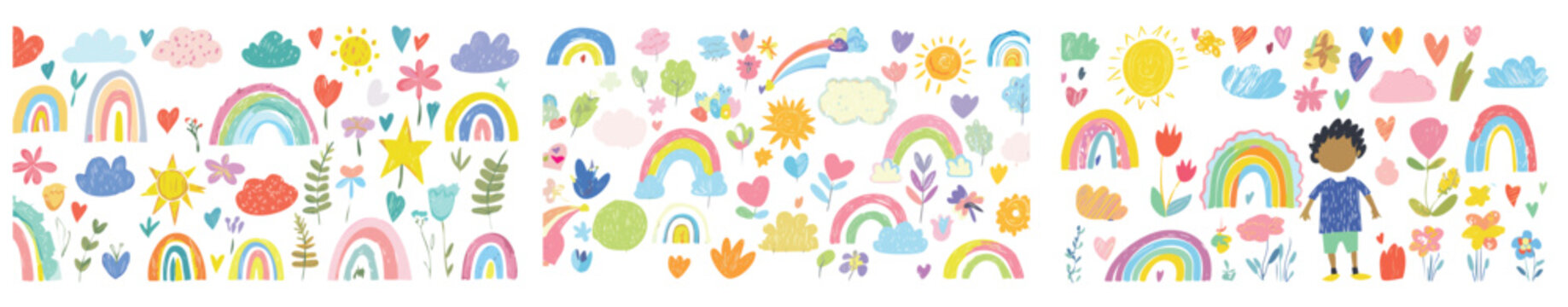 Crayon drawn kid doodle collection. Colorful childish elements like clouds, flowers, bows, rainbows and sun. Adorable girly doodle collection. Naive vector illustrations. Crayon drawn kid drawings cop