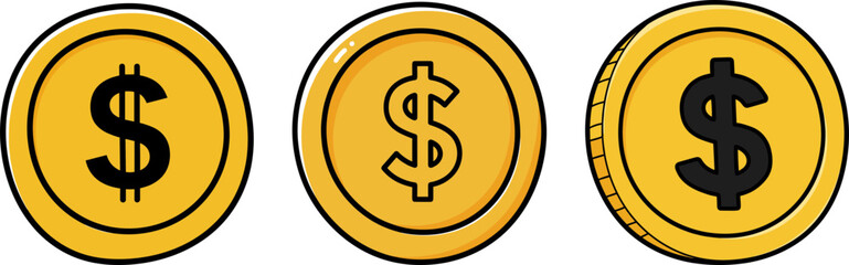 Obraz premium Three gold coins with dollar signs in flat design style 