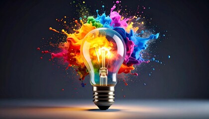 Creative light bulb explodes with colorful paint and colors. idea, brainstorming concept
