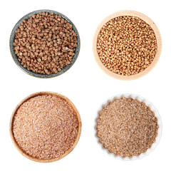 Buckwheat bran and grains in bowls isolated on white, set. Top view