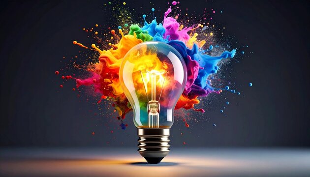 Creative light bulb explodes with colorful paint and colors. idea, brainstorming concept - Powered by Adobe