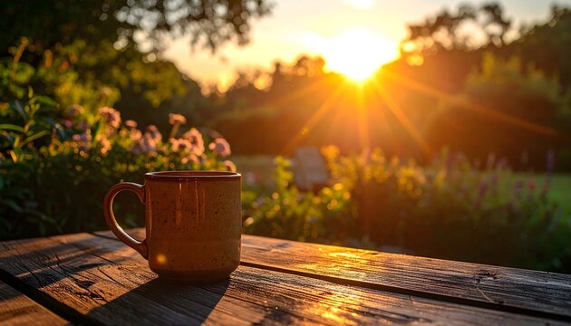 Sunlight hitting a ceramic coffee mug placed on wooden table in outdoor garden
