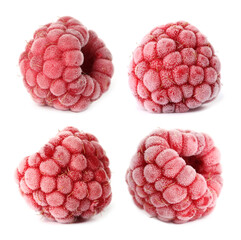 Many frozen raspberries isolated on white, set
