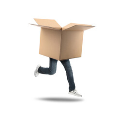 Open cardboard box with man's legs running on white background. Fast delivery
