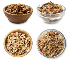 Pieces of dry chicory root in bowls isolated on white, set. Top and side view