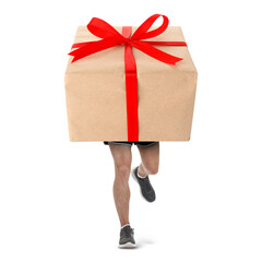 Gift box with sportsman's legs running on white background. Delivery