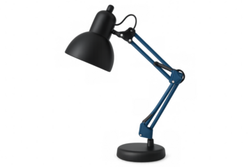 Modern desk lamp featuring flexible arm, casting targeted illumination for productive workspace, transparent background