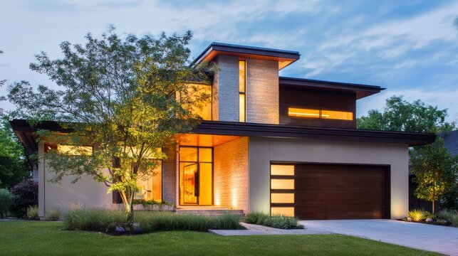 Contemporary house exterior at dusk, warm inter