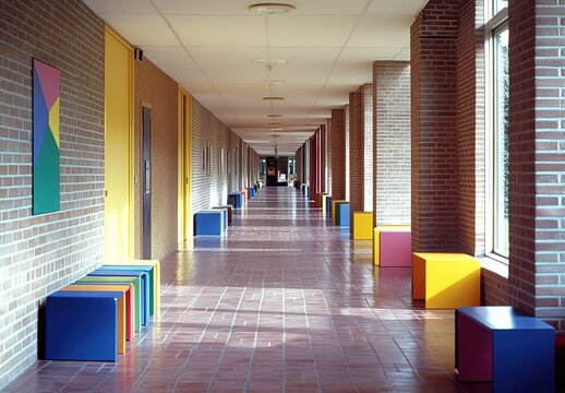 Modern Dutch school hallway, with bricks and colorful furniture. The photo was taken with Provia film. - Powered by Adobe