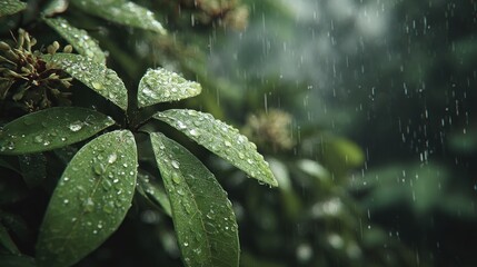 Raindrops clinging to vibrant green leaves in a downpour in nature