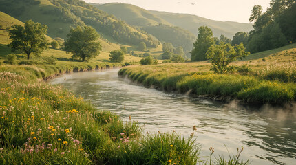 Obraz premium A serene, sun-drenched valley with a gentle river winding through lush green meadows dotted with wildflowers and rolling hills.
