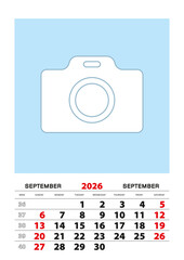 September 2026 calendar planner A3 size with place for your photo.