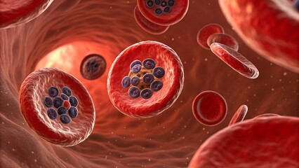 High-resolution 3D visualization of malaria parasites (Plasmodium) invading red blood cells — cell membrane bending around invading forms