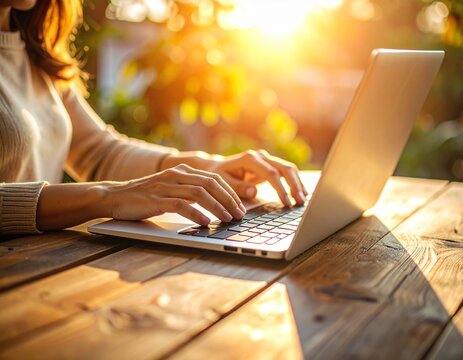 woman working on a laptop outside on a wooden table