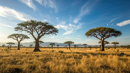 Iconic acacia trees dot the vast, golden savanna under a vibrant blue sky with wispy clouds. Mountains rise on the horizon in this breathtaking African landscape.