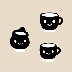 Cute Kawaii Coffee Cups and Teapot