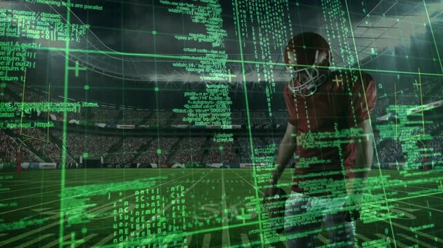 Football player at sideline initiating digital code grid overlay visualizing stats in sports tech