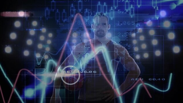 Man holding basketball assessing performance using tech as holographic line graphs tracing peaks