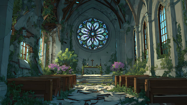 Crumbling sanctuary with rose window exploded inward