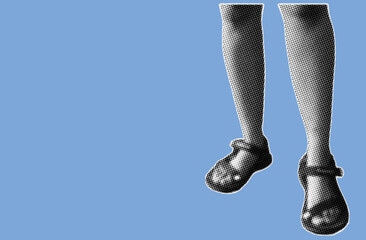 close up of standing woman's feet wearing sandals pixelate black and white color halftone dotted texture style collage element isolated on blue background