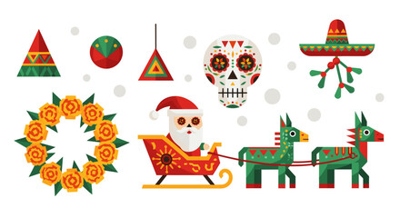 Naklejka premium Festive christmas and day of the dead elements including santa donkeys and sugar skull decorations