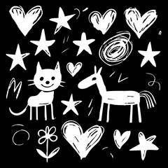 Grunge Chalkboard Doodles, White Doodle Hearts, Stars, and Animals on Black
