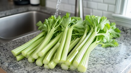 Obraz premium Fresh green celery stalks on a granite kitchen countertop near a stainless steel sink with water