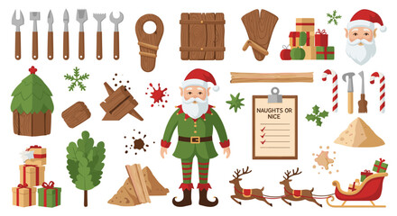 Illustration of christmas themed objects including santa elf gifts and woodworking tools on a white backdrop