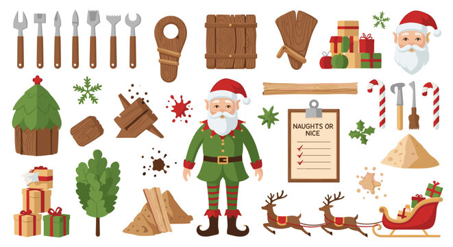 Illustration of christmas themed objects including santa elf gifts and woodworking tools on a white backdrop