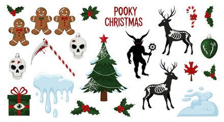 Obraz premium A collection of spooky christmas themed elements including gingerbread men and skeleton deer isolated