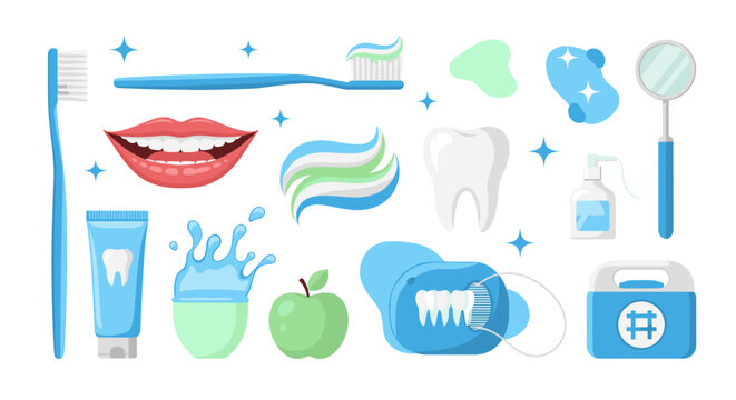 Illustration of dental hygiene products including toothbrush toothpaste floss mouthwash and a mirror on white