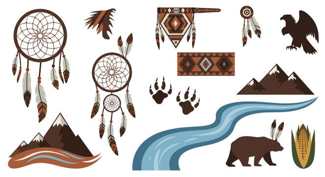 Illustration of native american culture elements including dreamcatchers and wildlife symbols and patterns