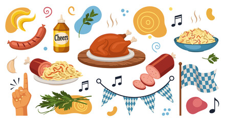 Illustration of oktoberfest themed food and decorations including sausage turkey and a checkered flag